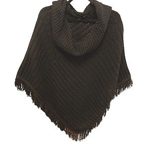 Black knit cowl neck poncho with fringe hem